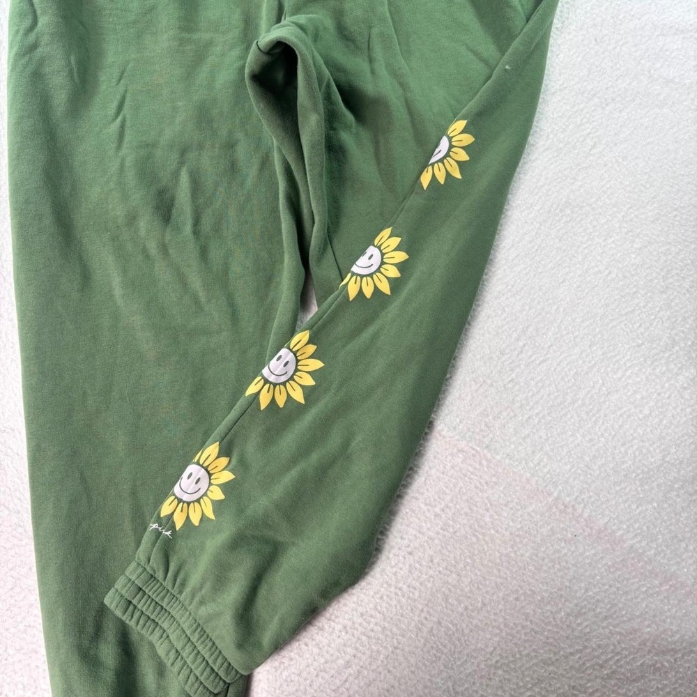 Pink Victoria's Secret Sunflower Smile Sweatpants XXL Green Fleece Joggers - Picture 2 of 5